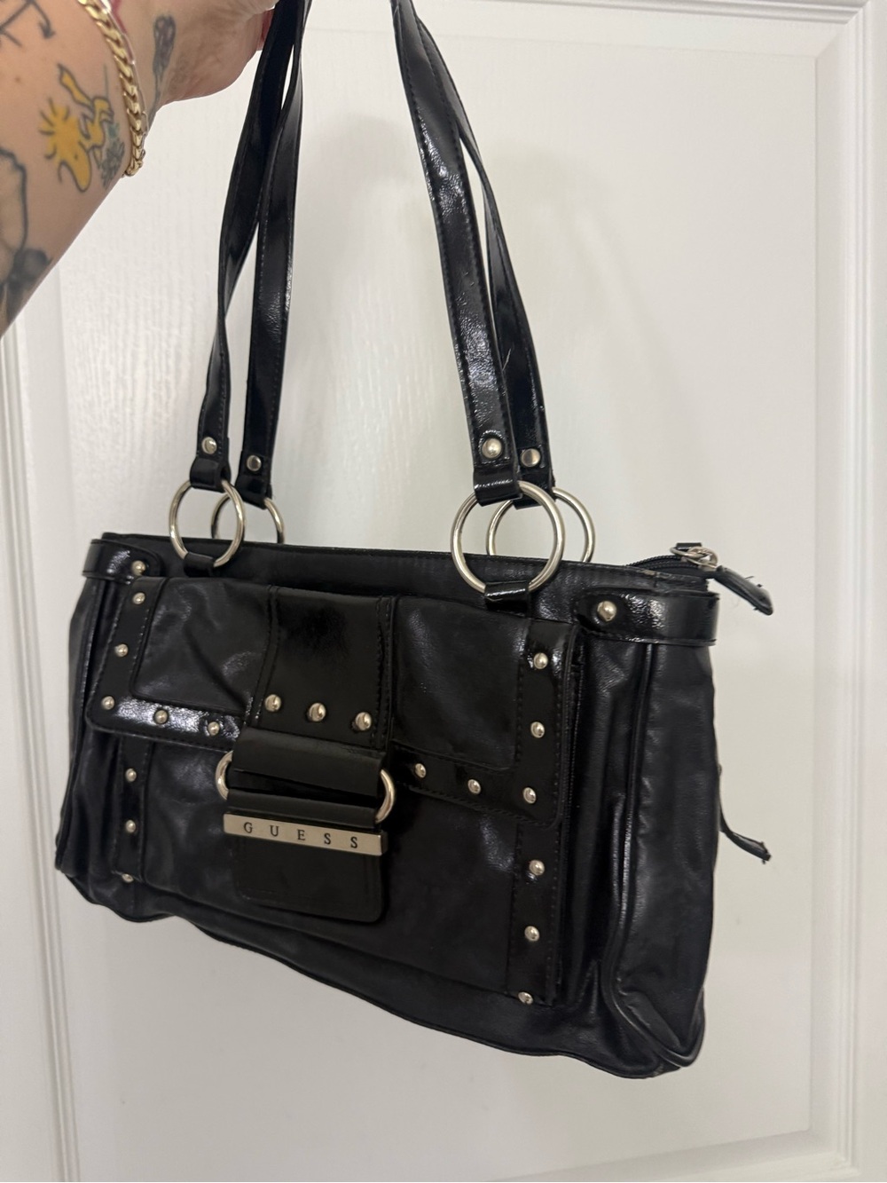 Guess Y2K Black Leather Shoulder Bag with Silver Hardware